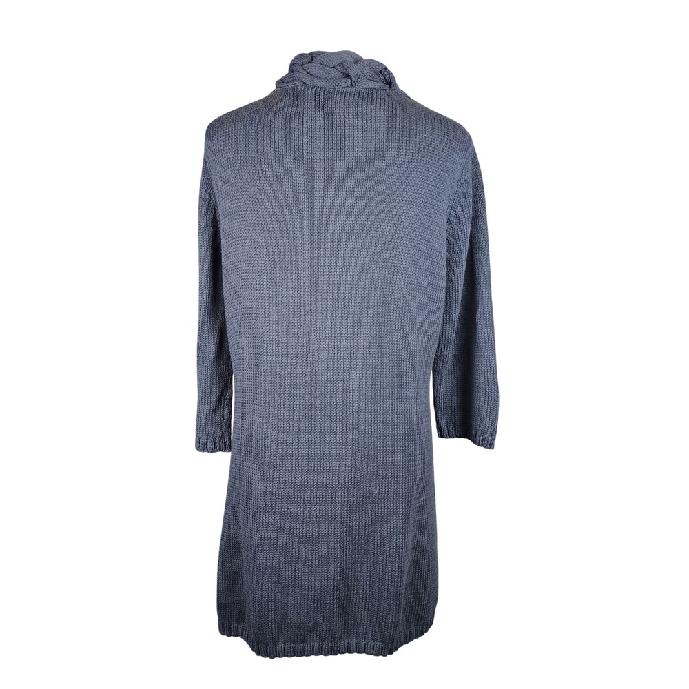 Pure Handknit Long Cardigan Sweater Womens L XL Navy Braided Trim Office Casual - Picture 2 of 10